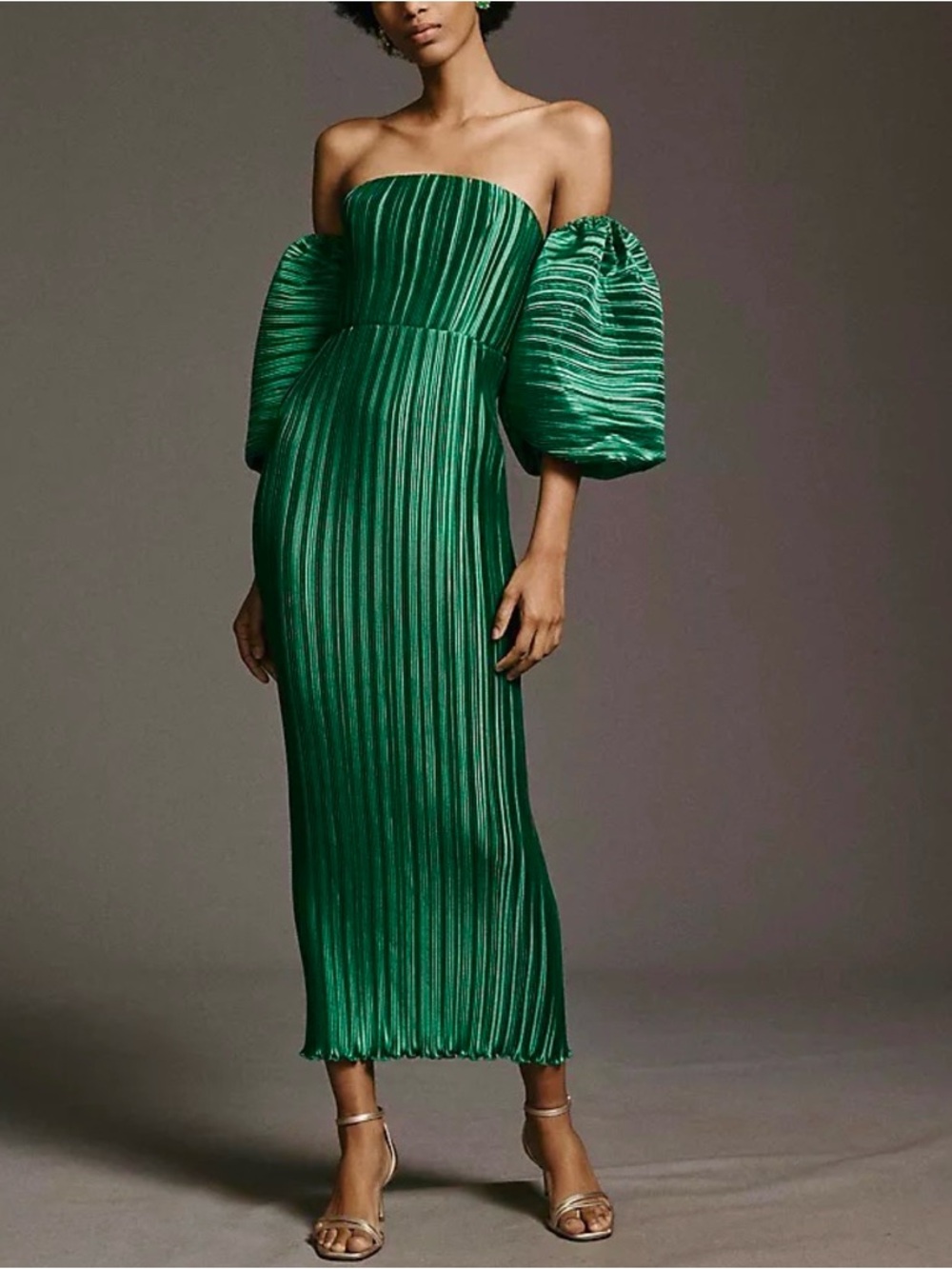 L'IDEE Sirene Plissé Off-Shoulder Puff-Sleeve Column Dress Emerald Green 10 NWT - Picture 16 of 16